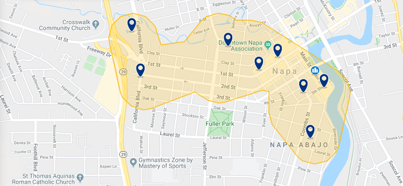 Mapa com as melhores regiões para ficar em Napa Mapa com as melhores regiões para ficar em Napa