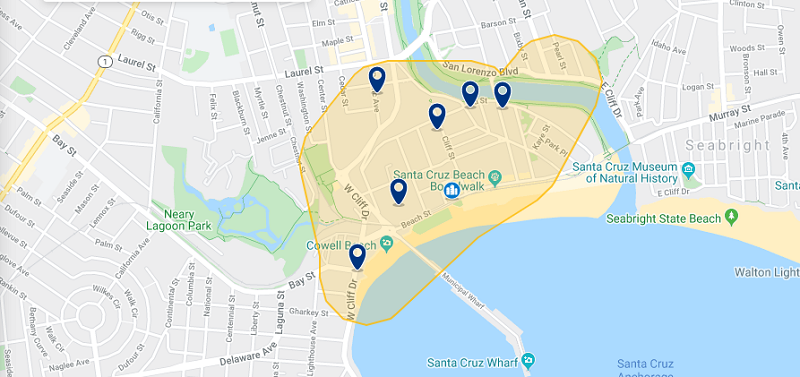 Mapa das melhores regiões para ficar em Santa Cruz Mapa das melhores regiões para ficar em Santa Cruz