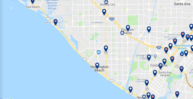 Mapa com as principais regiões para ficar em Huntington Beach Mapa com as principais regiões para ficar em Huntington Beach