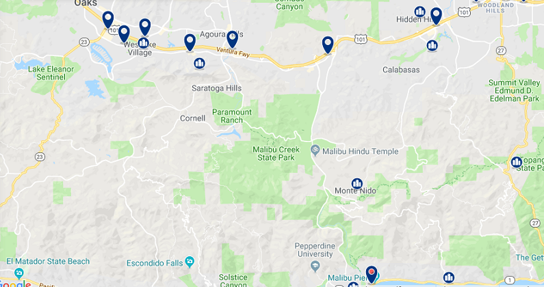 Mapa com as principais regiões para ficar em Malibu Mapa com as principais regiões para ficar em Malibu