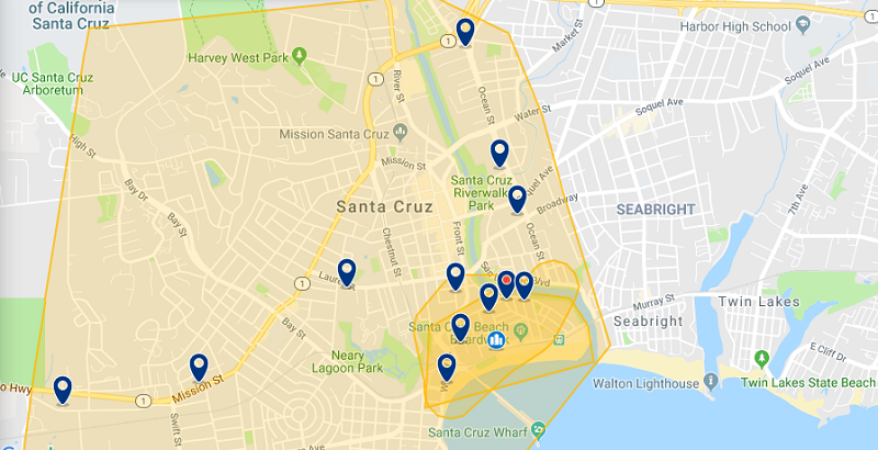 Mapa das principais regiões para ficar em Santa Cruz Mapa das principais regiões para ficar em Santa Cruz